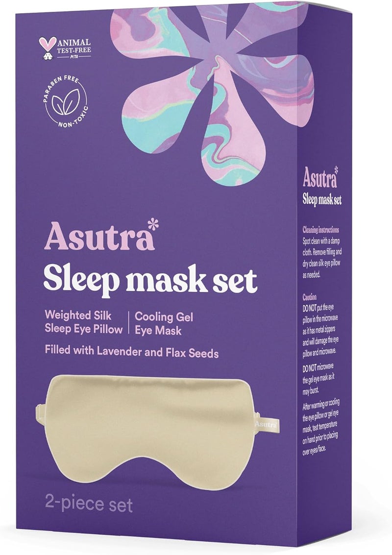 Asutra Silk Eye Pillow for Sleep, Champagne - Filled w/Lavender Buds & Flax Seeds, Weighted Eye Mask, Meditation & Light Blocking Blindfold, Cooling Gel Mask Included - Image 1